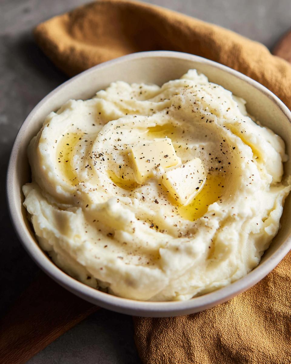 A close-up of creamy mashed potatoes topped with melting butter, black pepper, and a drizzle of butter. The Only Mashed Potatoes Recipes Recipe.