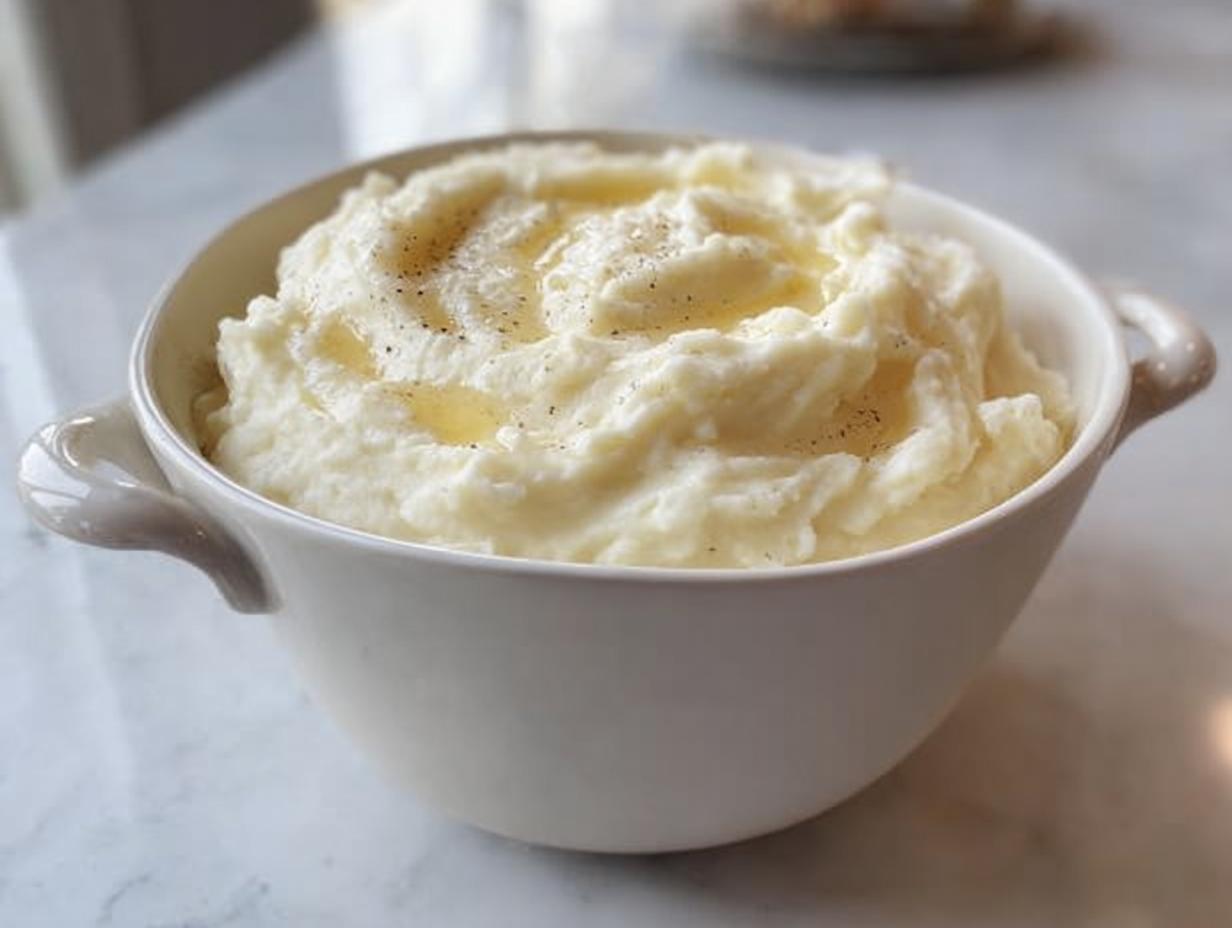 A bowl of fluffy mashed potatoes, topped with melted butter and black pepper, perfect for meal prep.