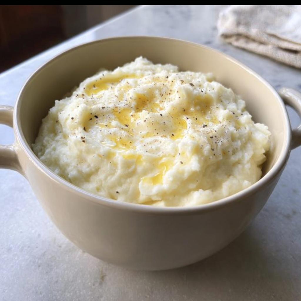 A bowl of creamy mashed potatoes recipe meal prep, drizzled with melted butter and sprinkled with black pepper.
