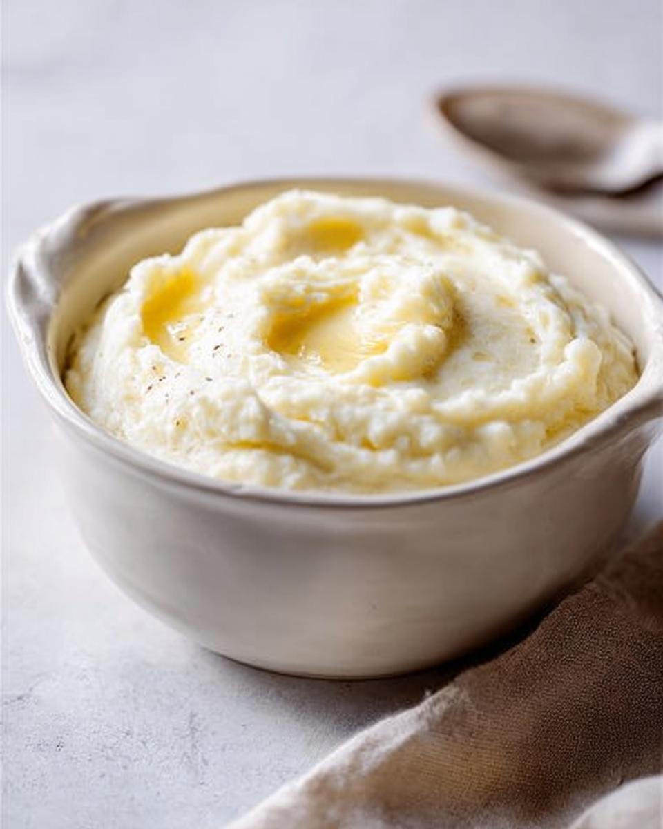 A close-up of a white bowl filled with creamy mashed potatoes, topped with melted butter and black pepper. This is a great mashed potatoes recipe for meal prep.