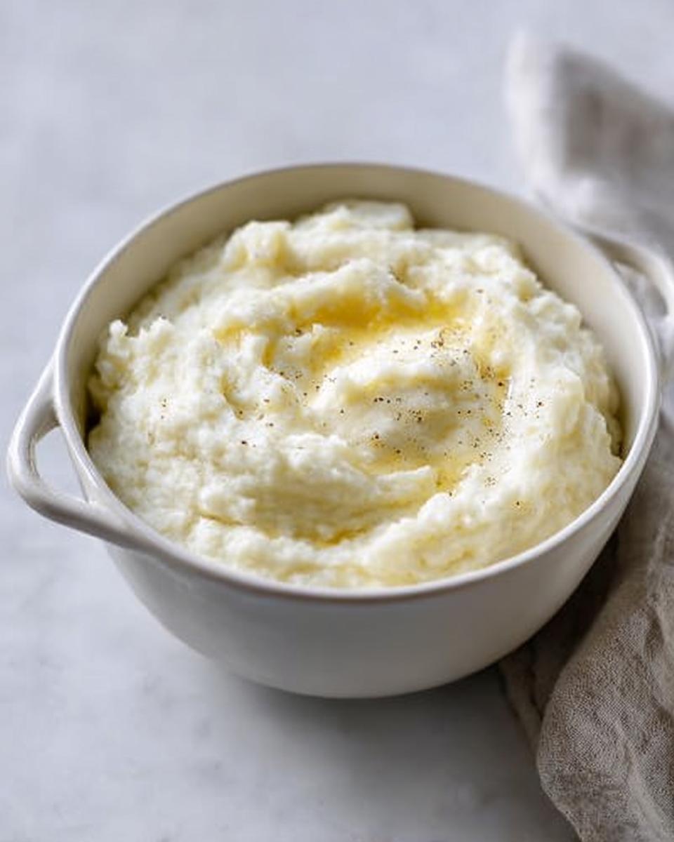 A white bowl filled with creamy mashed potatoes, topped with melted butter and black pepper. Perfect for mashed potatoes recipes meal prep.
