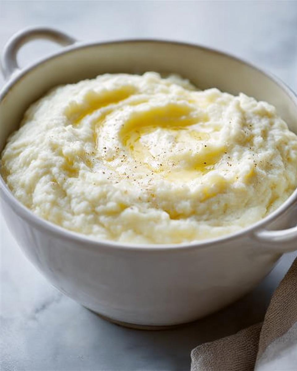 Close-up of a white bowl filled with creamy mashed potatoes, topped with melted butter and a sprinkle of pepper. Perfect for mashed potatoes recipes meal prep.