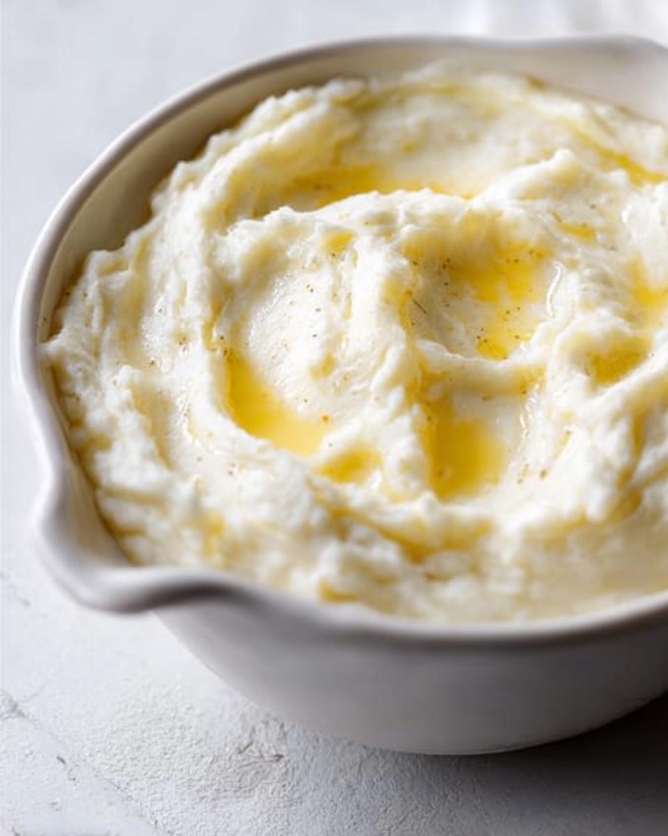 Close-up of a white bowl filled with creamy mashed potatoes, topped with melted butter and a sprinkle of pepper.