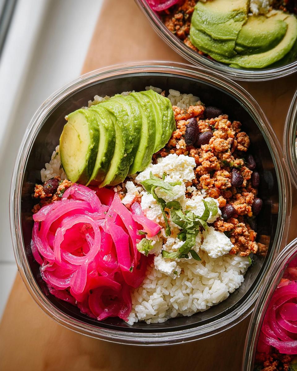 Overhead view of a meal prep rice bowl filled with white rice, seasoned ground meat, black beans, crumbled cheese, sliced avocado, and bright pink pickled onions.