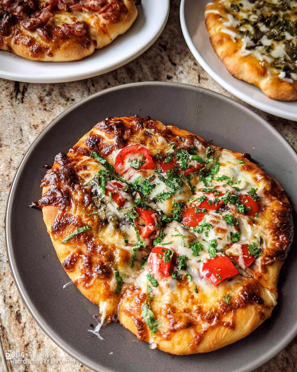 Close-up of a mini pizza with melted cheese, red peppers, and herbs, part of The Ultimate Pizza Night Recipes Guide.