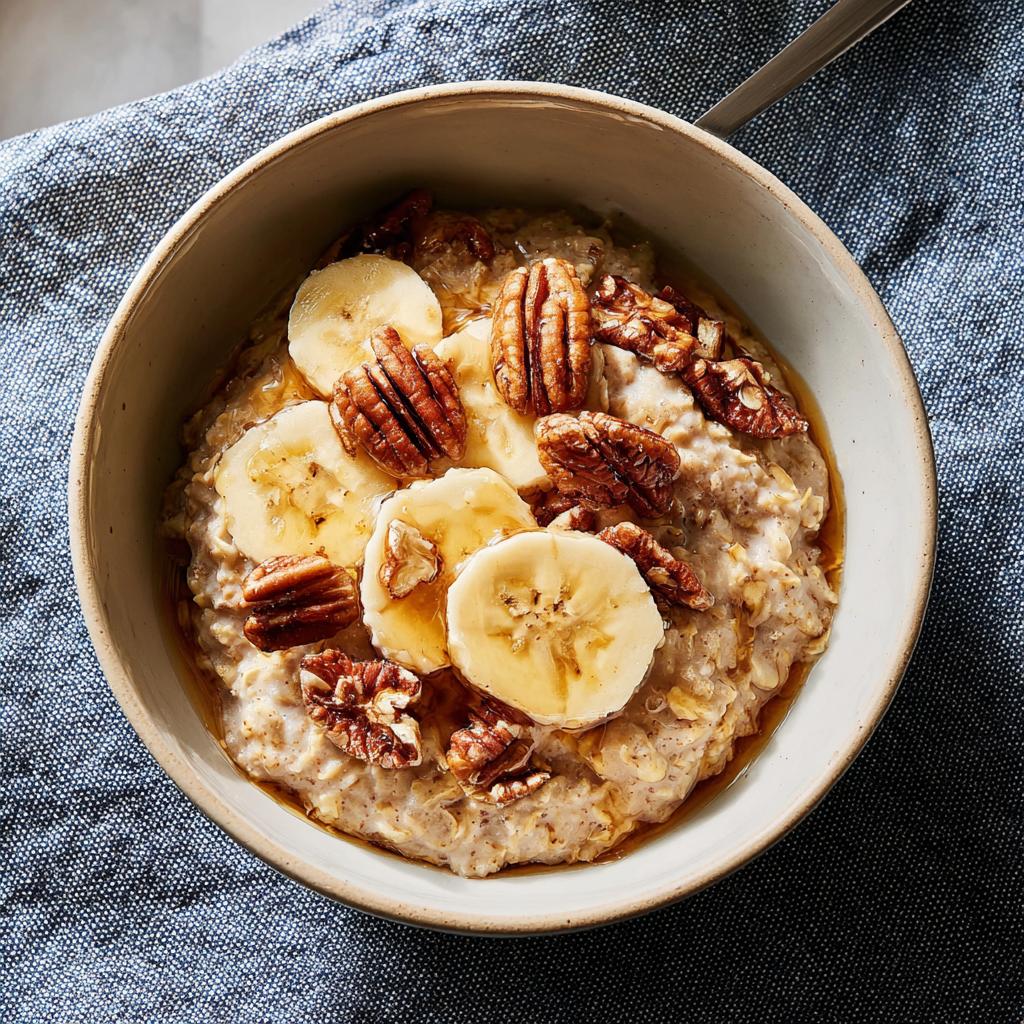A bowl of oatmeal topped with banana slices, pecans, and drizzled with honey, one of 12 Genius Breakfast Ideas.