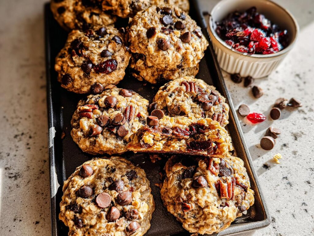 Close-up of oatmeal chocolate chip cookies with pecans and cranberries, perfect for breakfast ideas recipes in 20 minutes.