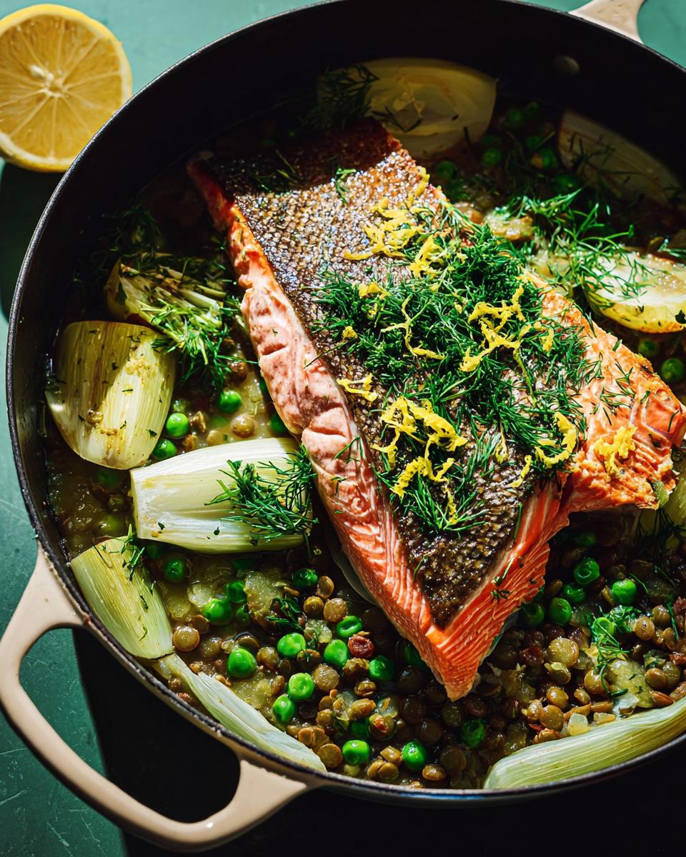 A close-up of a one-pan meal featuring a salmon fillet over lentils, peas, and fennel, garnished with dill and lemon zest.