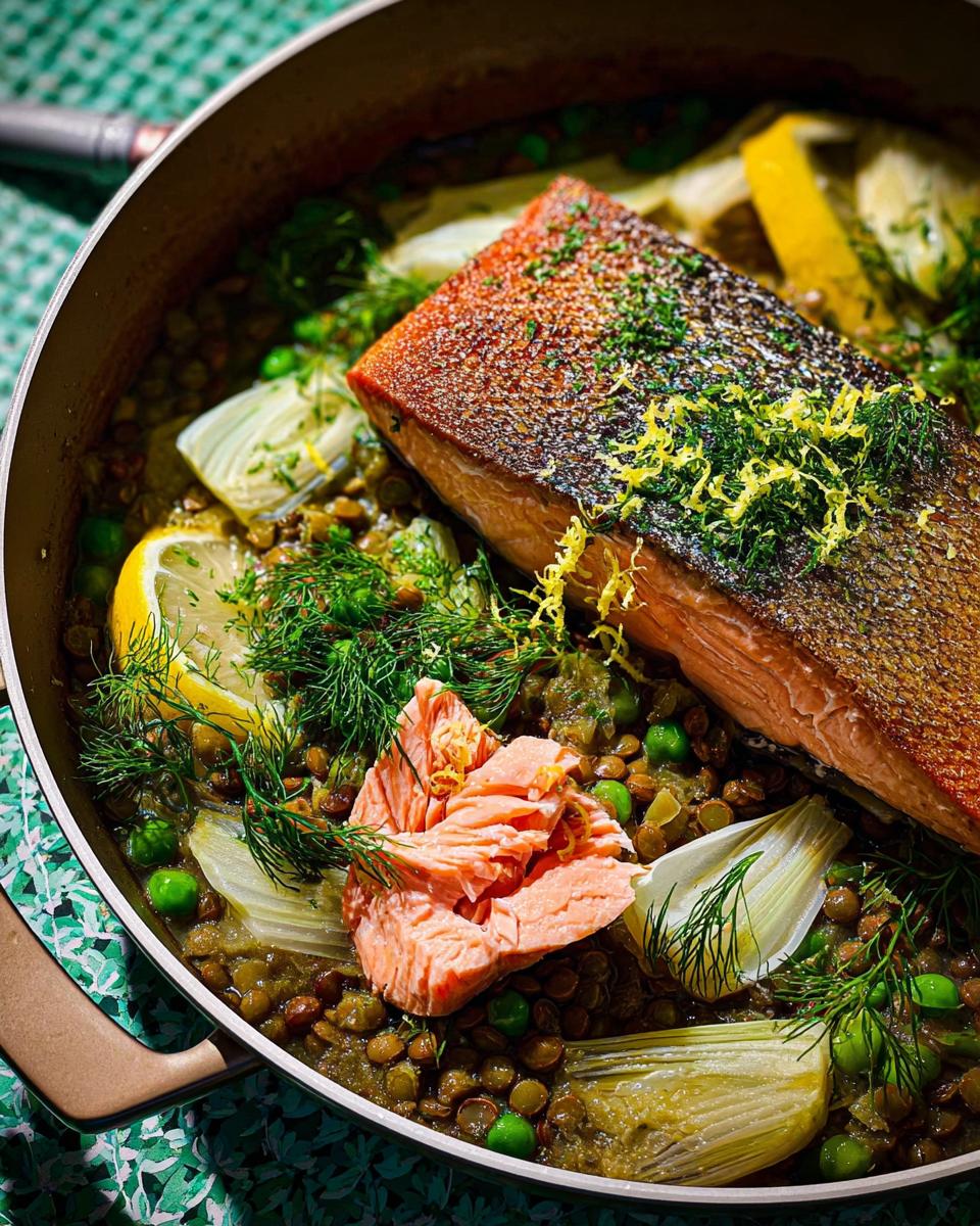 A beautiful one-pan healthy meal featuring a fillet of salmon over lentils, peas, fennel, and lemon slices.