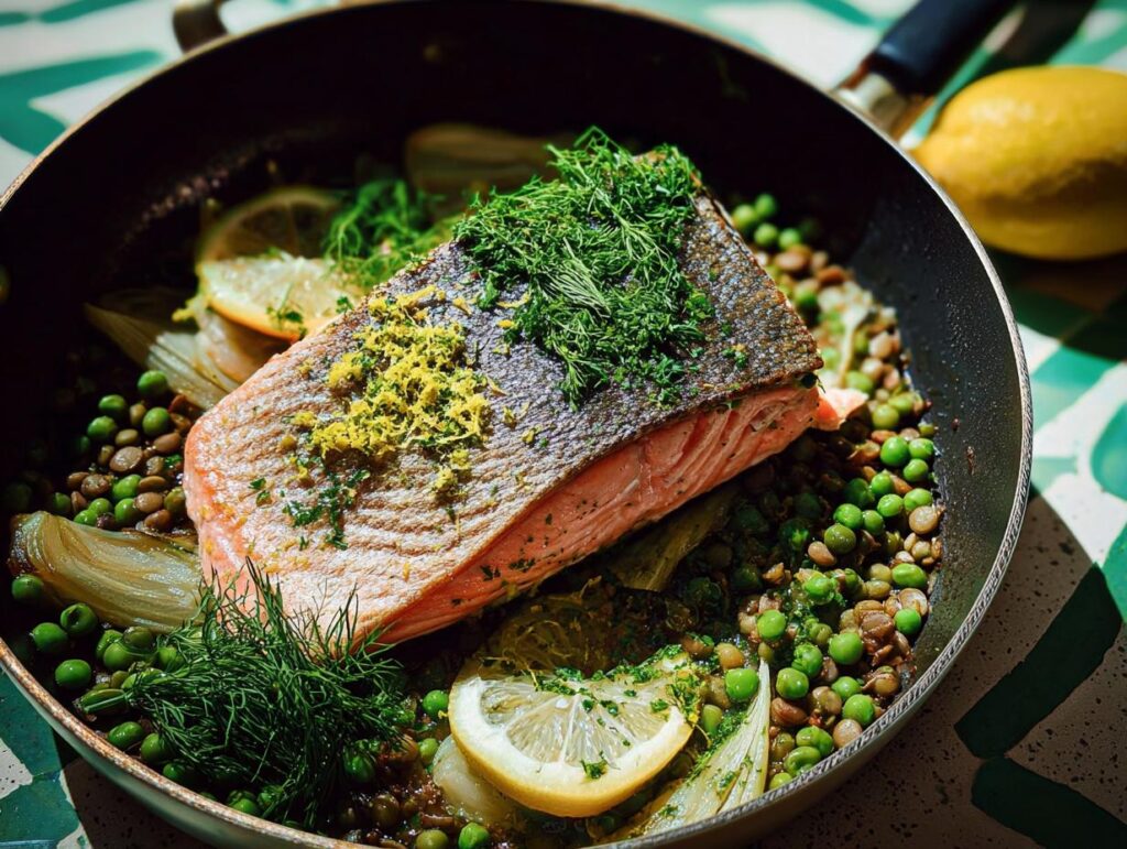 A beautiful one-pan meal featuring a salmon fillet atop lentils, peas, fennel, and lemon slices, perfect for healthy meals recipes.