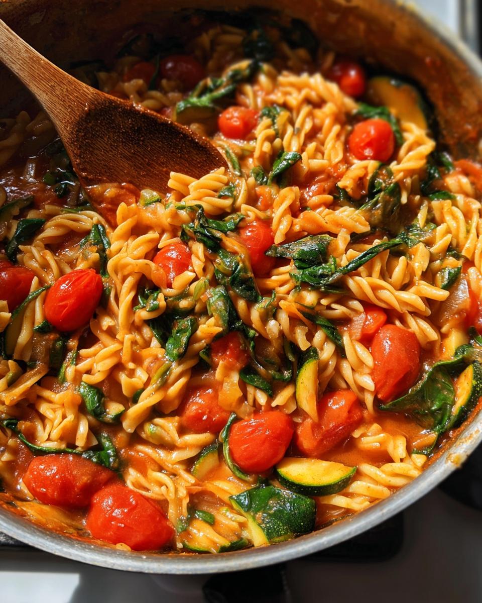 Close-up of a one-pot pasta dish with fusilli, cherry tomatoes, zucchini slices, and spinach in a tomato sauce.