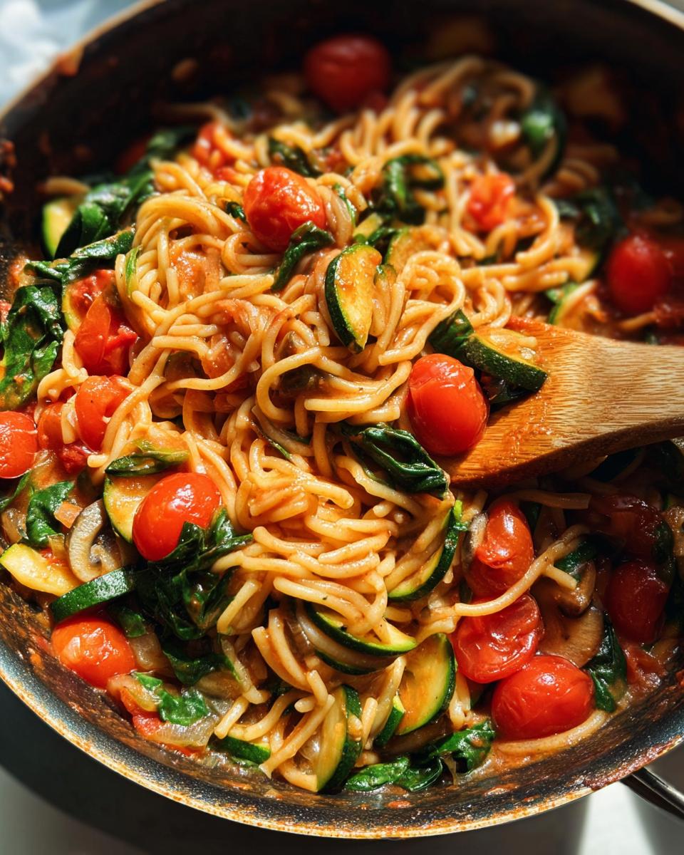 Close-up of a one-pot pasta dish with cherry tomatoes, zucchini, and spinach, perfect for easy dinner recipes.