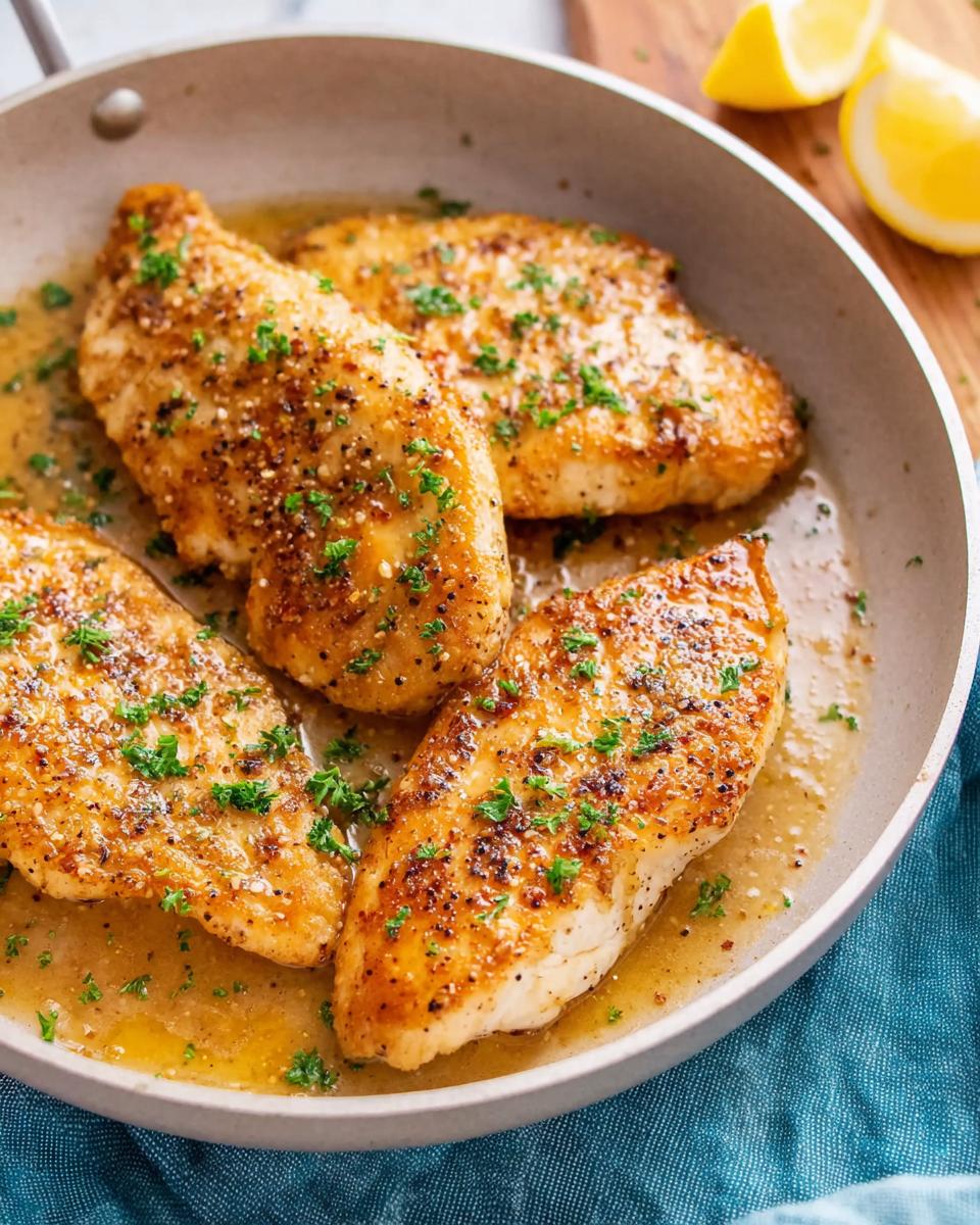 Golden pan-seared chicken breasts with herbs and lemon slices, perfect for healthy weeknight meals.