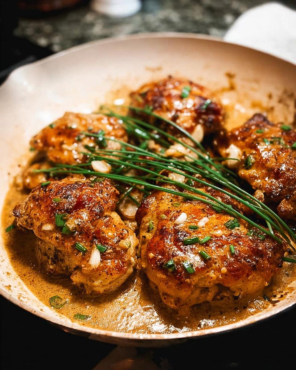 Close-up of pan-seared chicken thighs in a creamy sauce, garnished with chives and garlic.