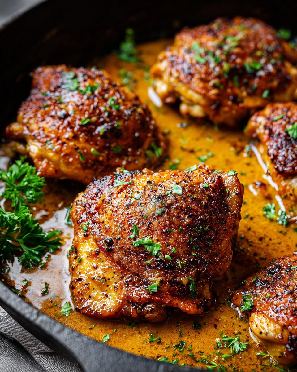 Close-up of pan-seared chicken thighs in a flavorful sauce, garnished with fresh parsley. Perfect for chicken thigh recipes.