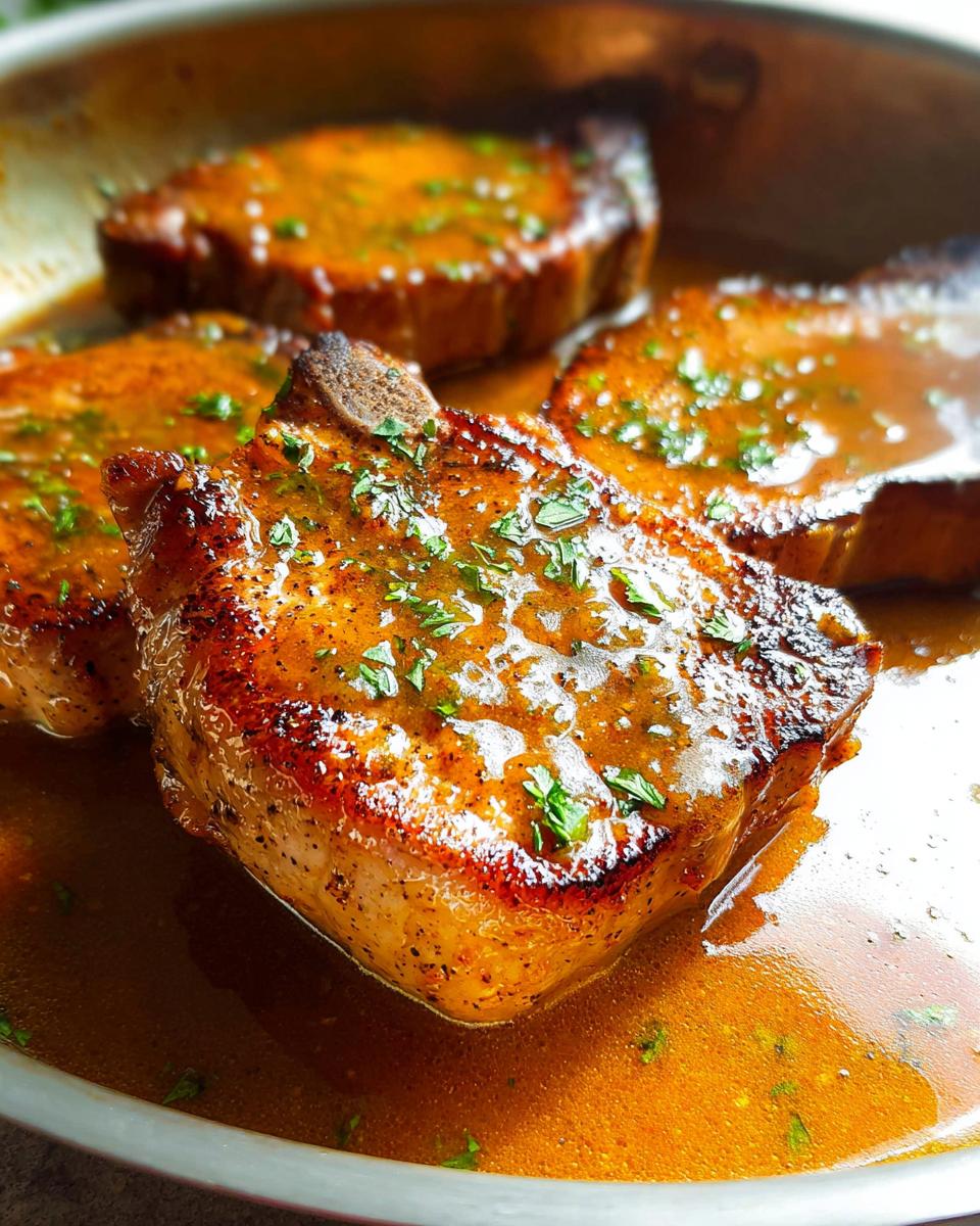Close-up of juicy pan-seared pork chops in a rich sauce, garnished with fresh parsley. The ultimate pork chops recipes guide for beginners.