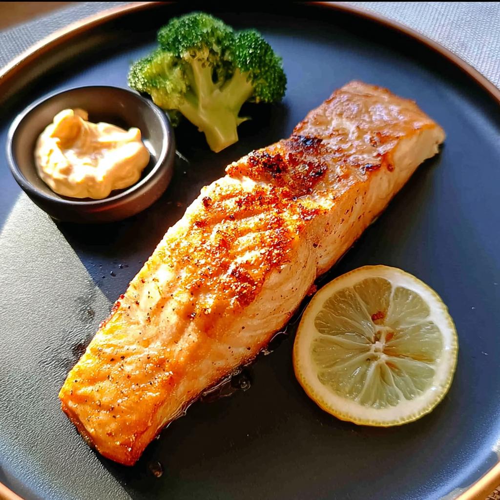 A perfectly cooked salmon fillet with a crispy crust, served with broccoli, a lemon slice, and a small dish of sauce. Part of 12-Ingredient Salmon Recipes.