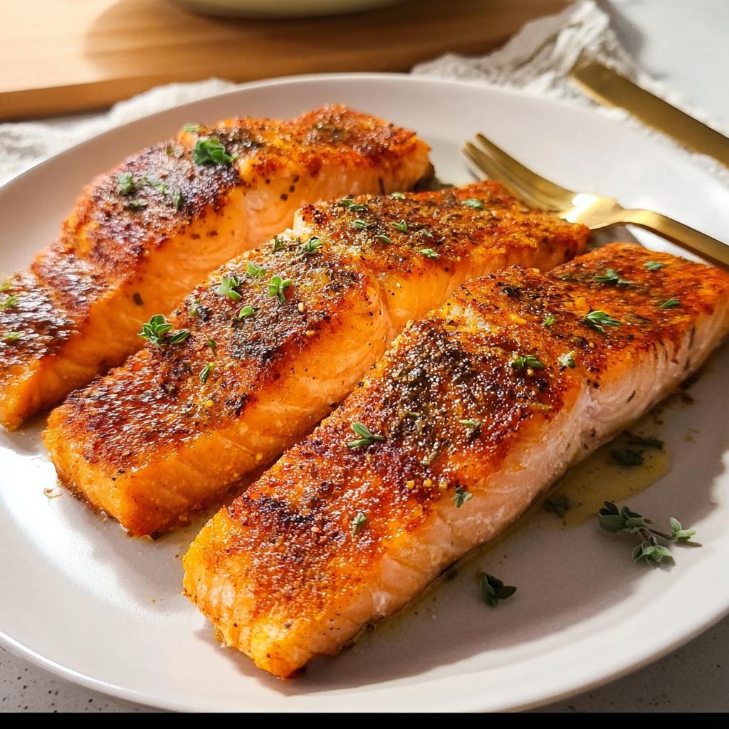Three perfectly pan-seared salmon fillets seasoned with herbs and spices on a white plate.