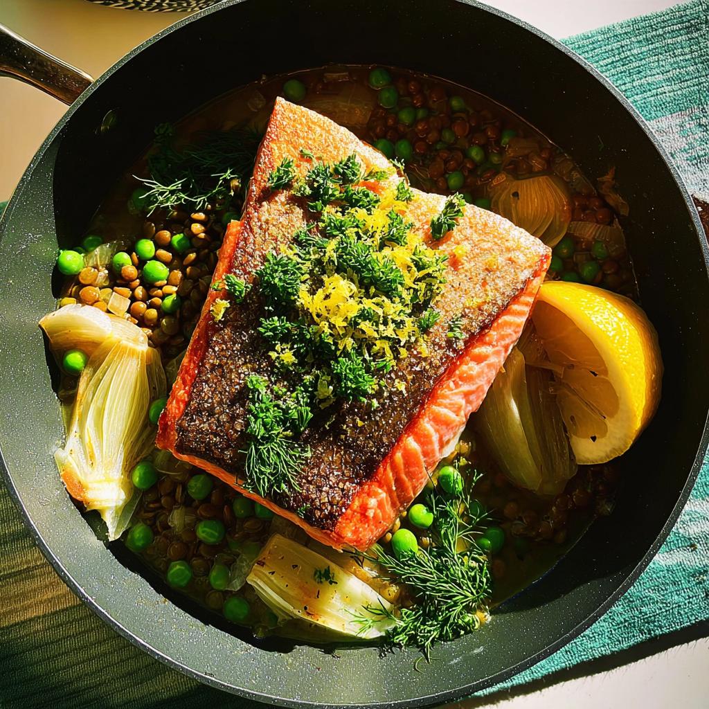 A beautiful pan-seared salmon fillet topped with herbs and lemon zest, served over lentils, peas, and fennel. Part of healthy meals recipes.