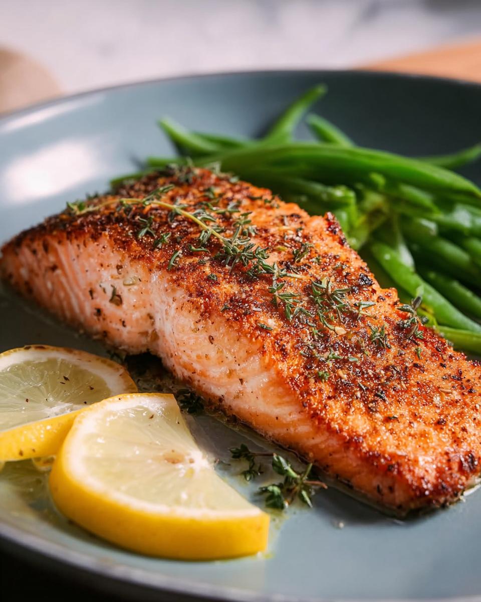 A perfectly cooked salmon fillet with crispy skin, seasoned with herbs, served with green beans and lemon slices. This is one of the best salmon recipes.