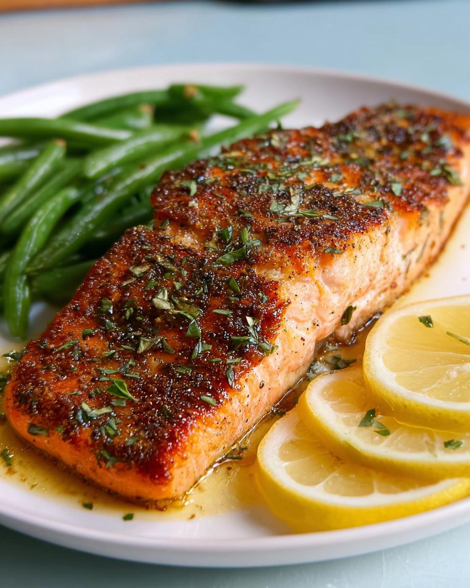 A perfectly cooked pan-seared salmon fillet with herbs and lemon slices, served with green beans.