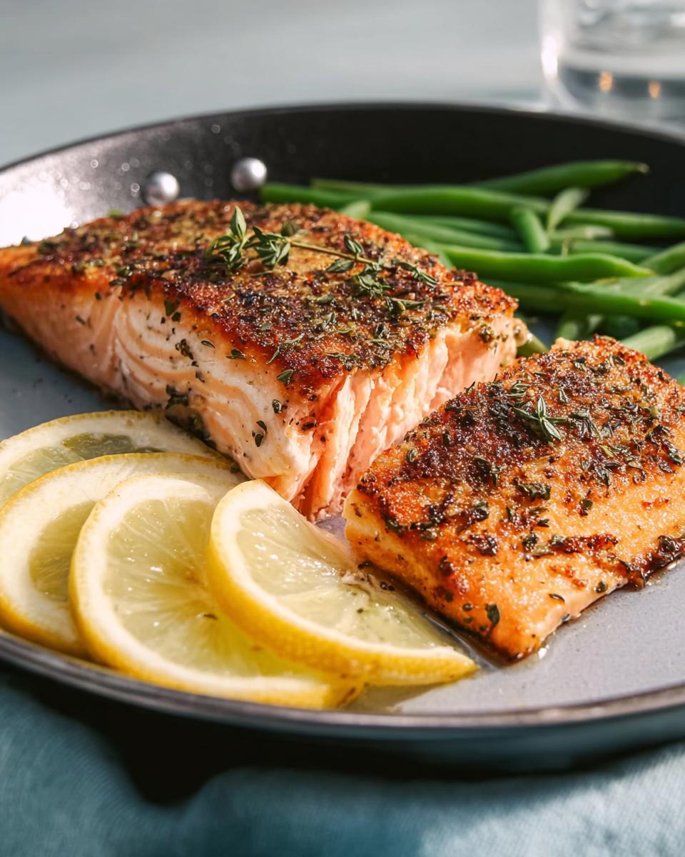 Close-up of a perfectly pan-seared salmon fillet with herbs and lemon slices, served with green beans. This is one of The Only Salmon Recipes Recipe You’ll Need.
