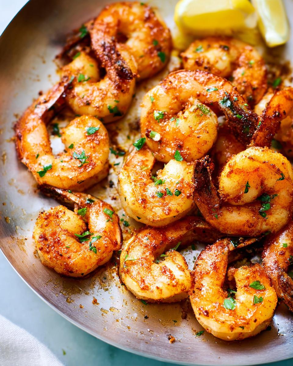 Close-up of perfectly pan-seared shrimp, seasoned with spices and garnished with parsley, served with lemon wedges.