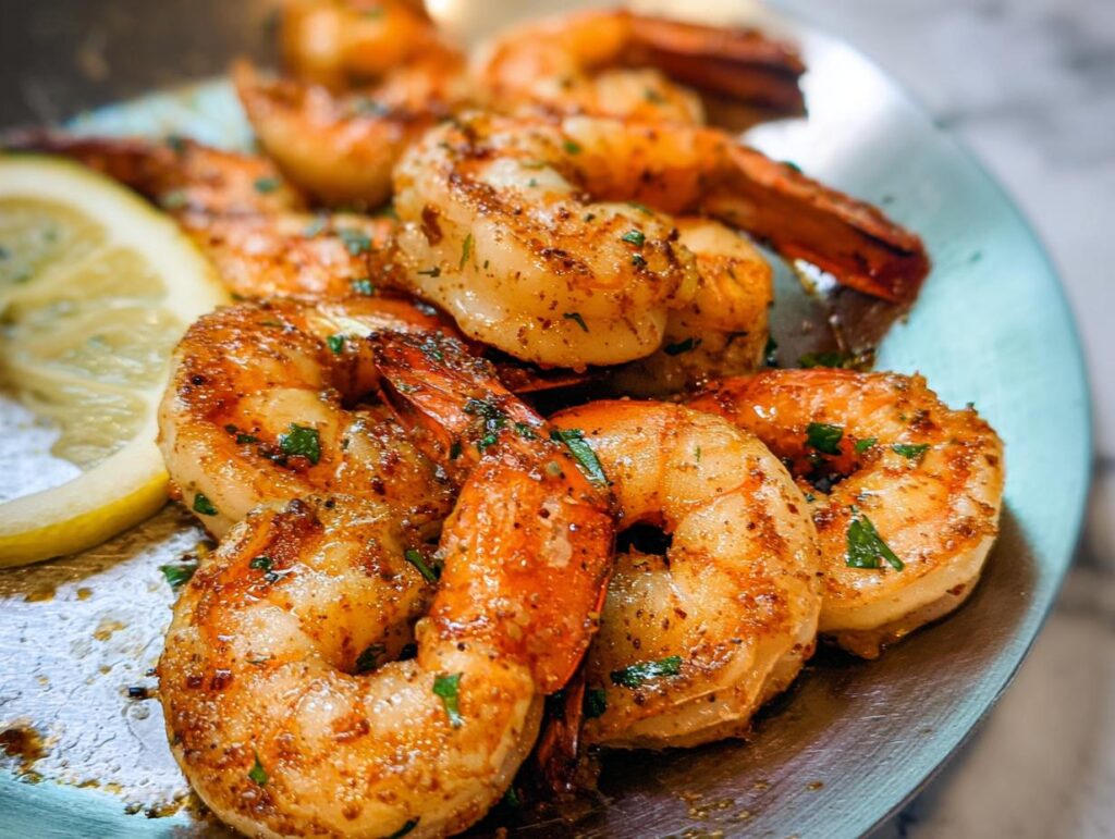 Close-up of perfectly pan-seared shrimp with herbs and a lemon wedge, a key dish in shrimp recipes for beginners.
