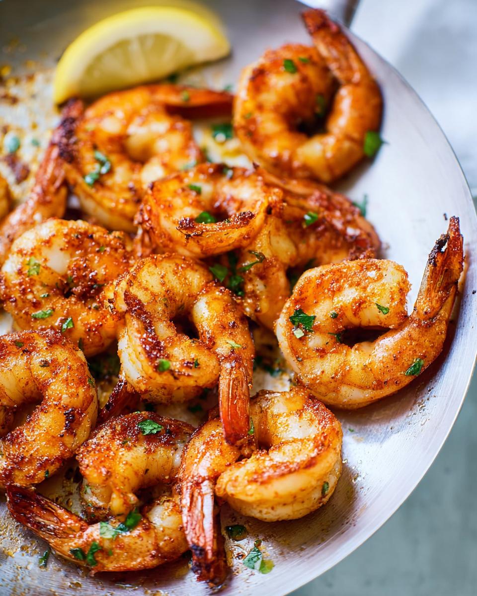 A close-up of perfectly pan-seared shrimp with a lemon wedge, seasoned and garnished with parsley. Part of The Ultimate Shrimp Recipes Guide for Beginners.