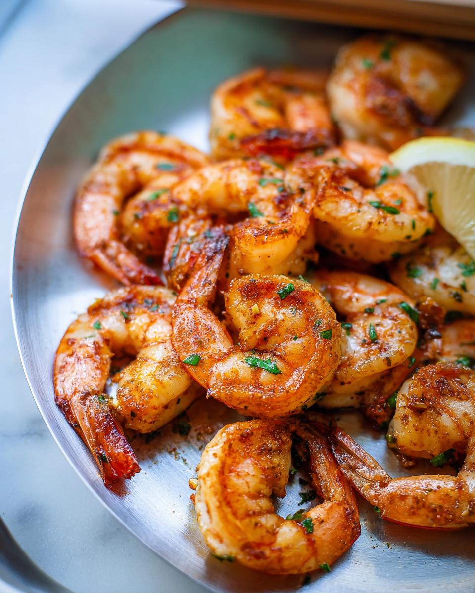 Close-up of perfectly pan-seared shrimp seasoned with spices and herbs, served with a lemon wedge.