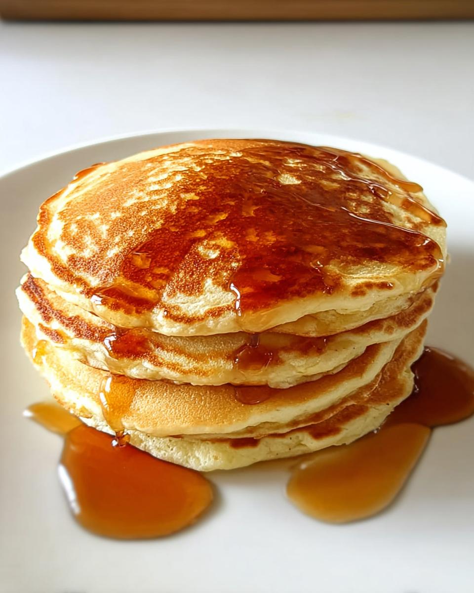 A tall stack of fluffy pancakes drizzled with golden syrup, perfect for breakfast ideas recipes.