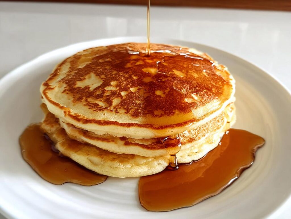 A stack of three golden-brown pancakes drizzled with syrup, a perfect breakfast idea.