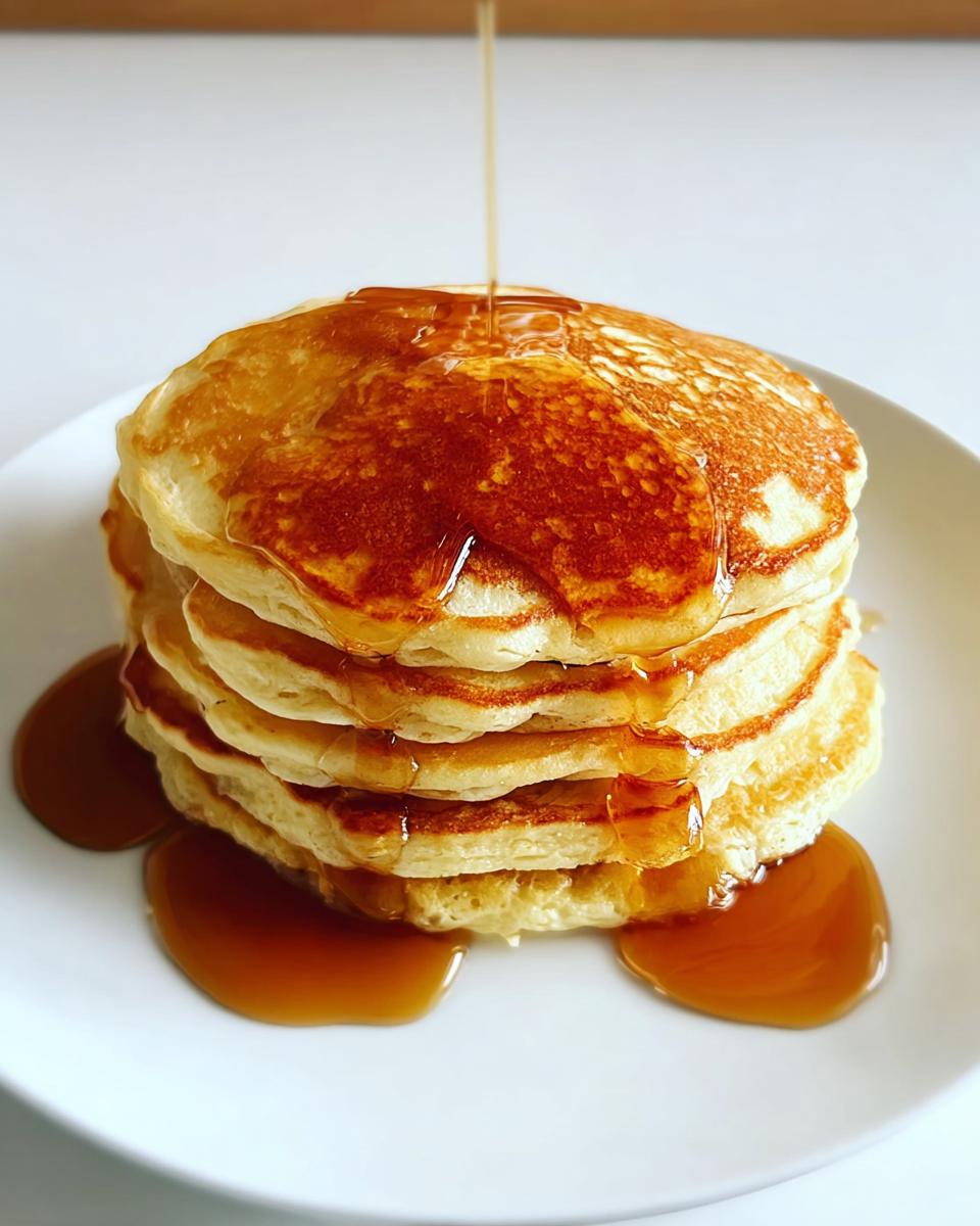 A tall stack of fluffy pancakes being drizzled with golden syrup, a perfect breakfast idea.