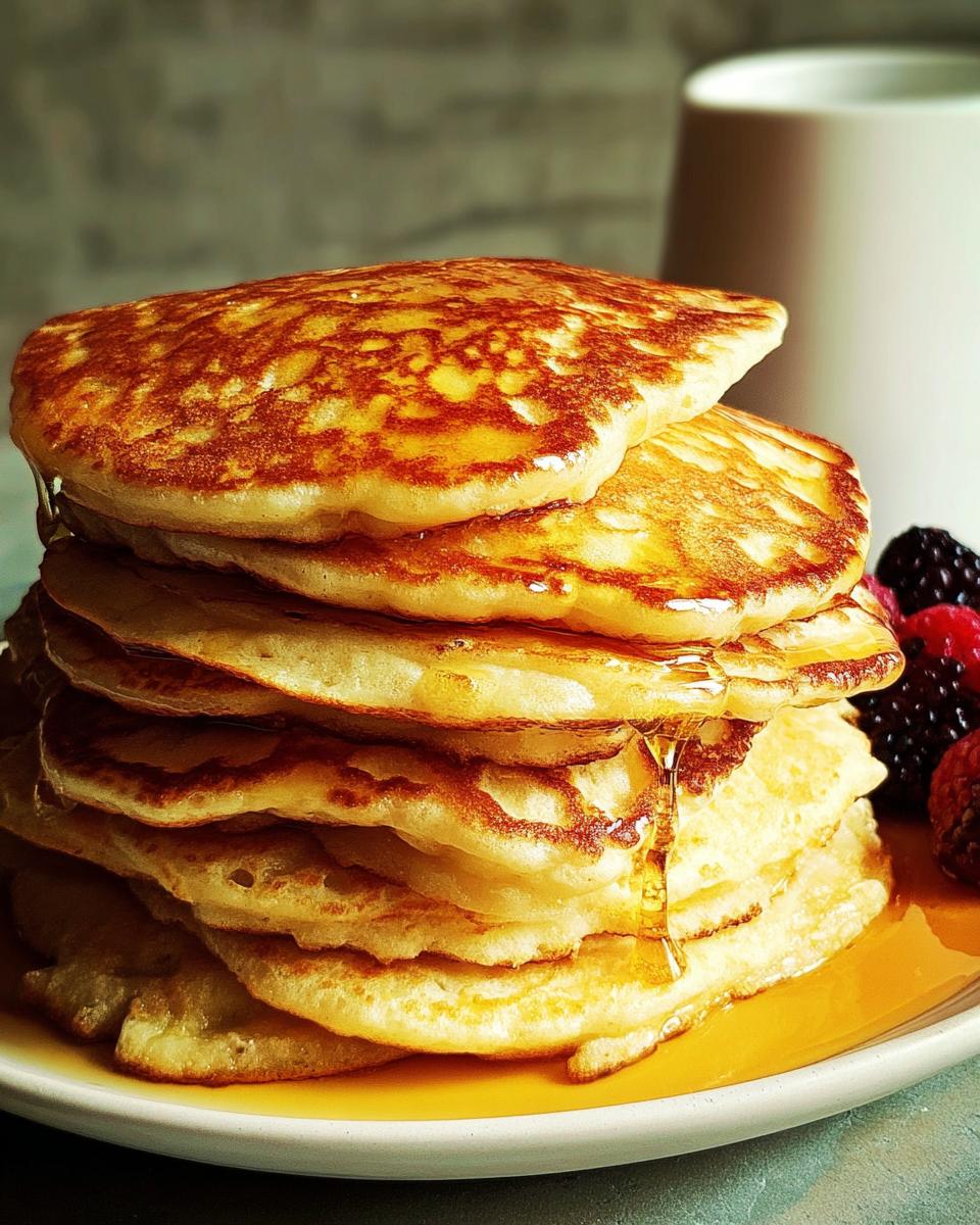 A tall stack of golden-brown pancakes drizzled with syrup, served with berries, as part of The Ultimate Breakfast Ideas Recipes Guide for Beginners.