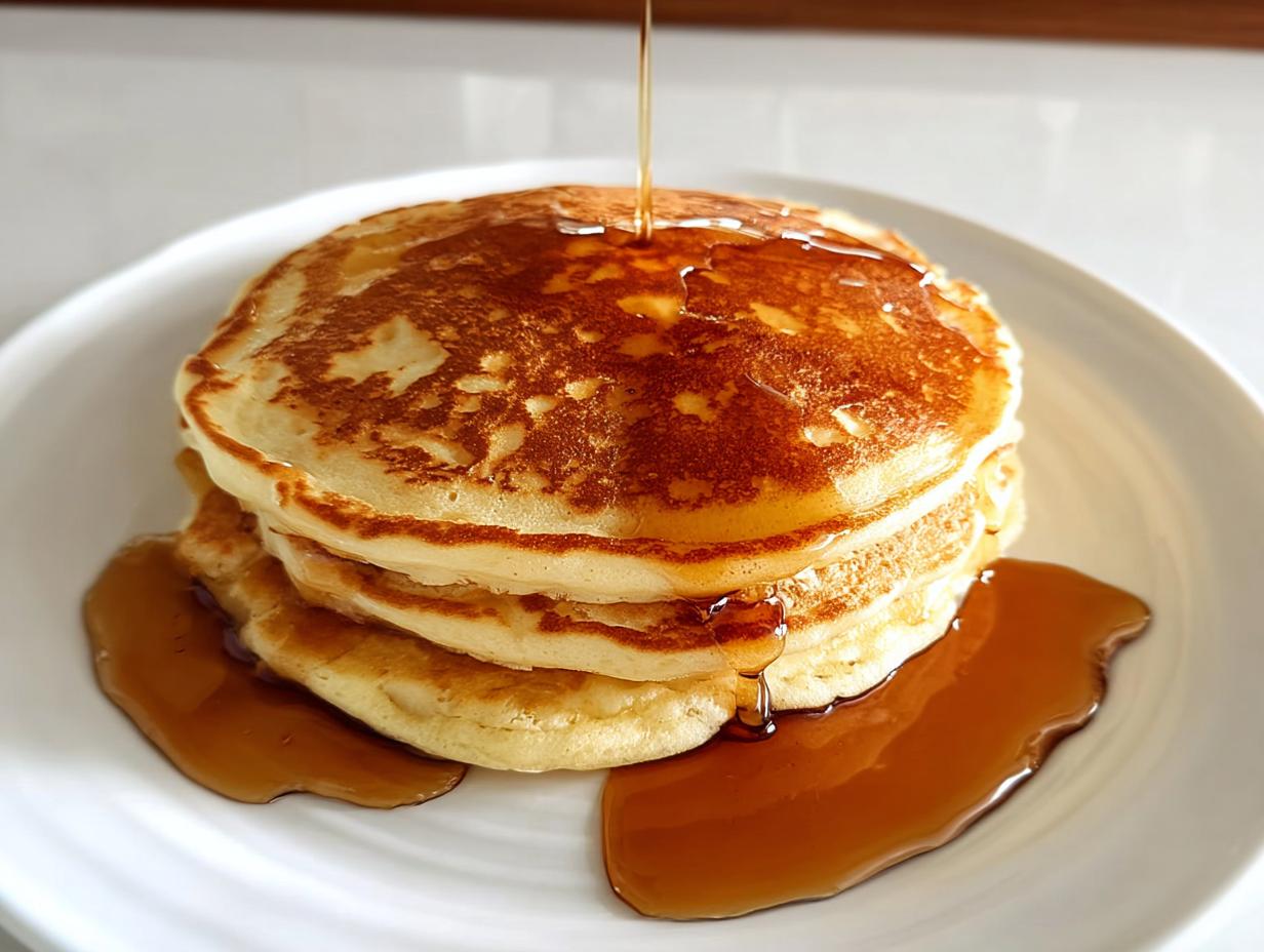 A stack of three golden-brown pancakes drizzled with syrup, a perfect breakfast idea.