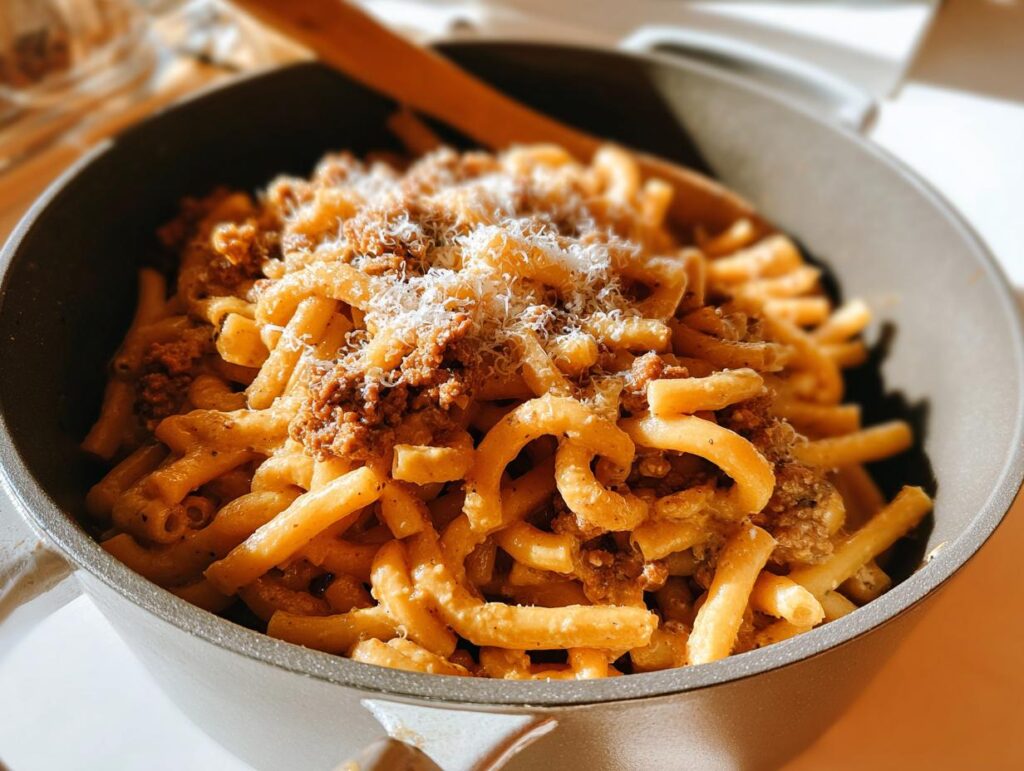 A close-up of a bowl of pasta with a rich meat sauce and grated cheese, perfect for busy weeknights.