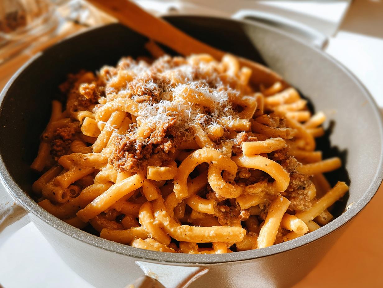 A close-up of a bowl of pasta with a rich meat sauce and grated cheese, perfect for busy weeknights.
