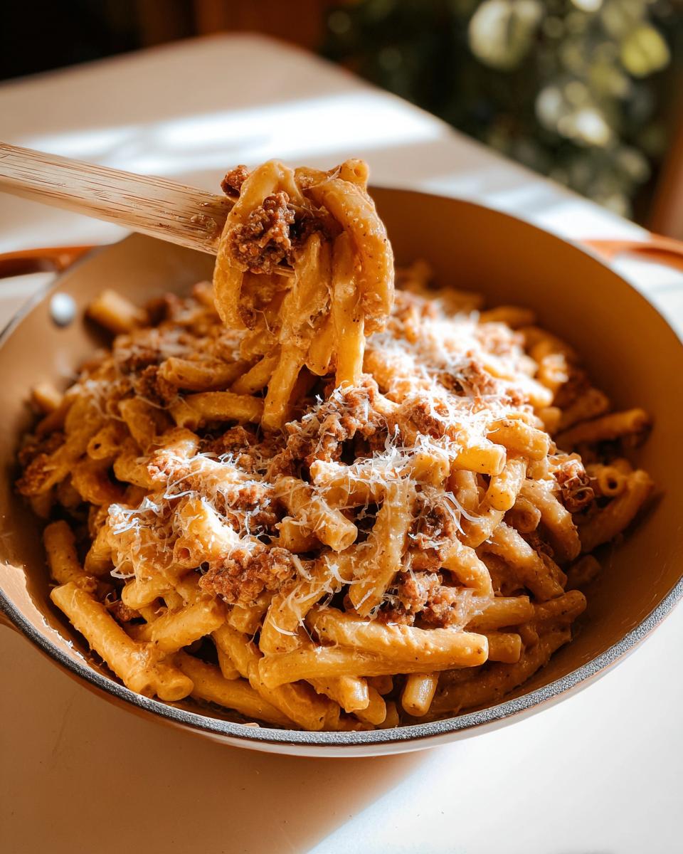 A close-up of a bowl of pasta with a rich meat sauce and grated cheese, perfect for busy weeknights.