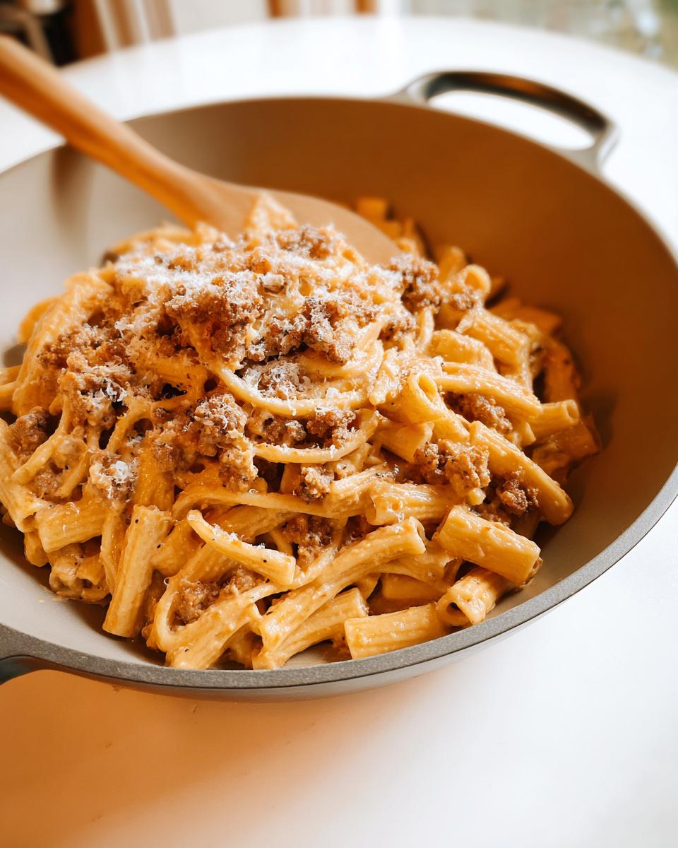 A close-up of rigatoni pasta with a rich meat sauce and grated cheese, part of 20 Genius Pasta Recipes Ideas for Busy Weeknights.
