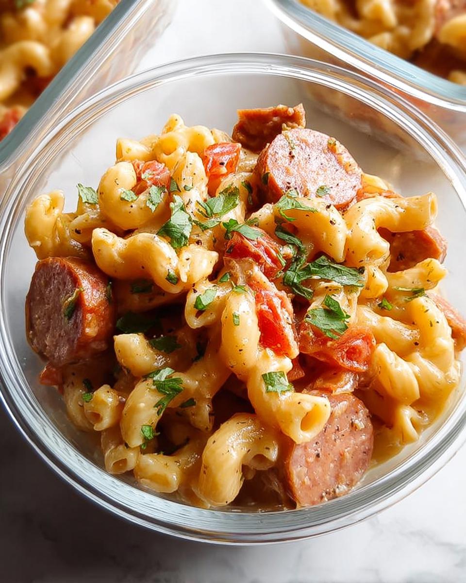Close-up of a serving of pasta meal prep with sausage, tomatoes, and herbs in a glass container.
