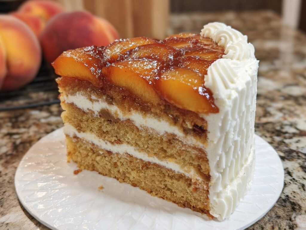 A slice of delicious peach cake with layers of cake, cream, and glazed peaches, perfect for beginners.