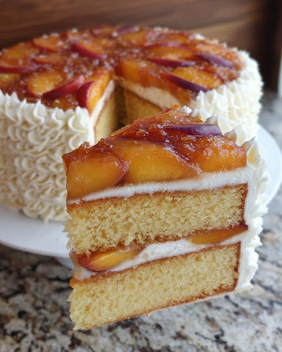 A slice of delicious peach cake with layers of sponge cake, cream, and fresh peaches, topped with whipped cream frosting.