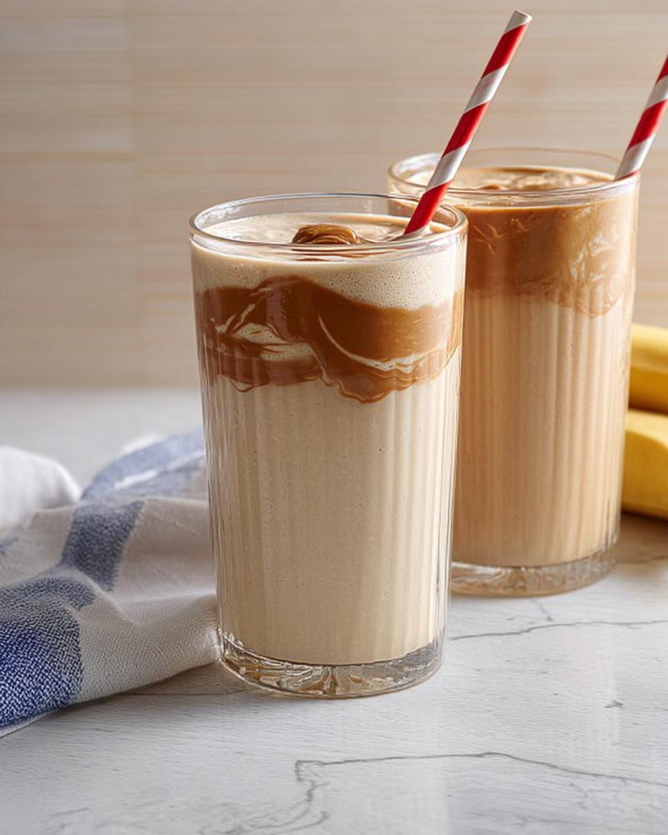 Two tall glasses filled with creamy peanut butter banana smoothies, each with a red and white striped straw. A beginner breakfast idea.