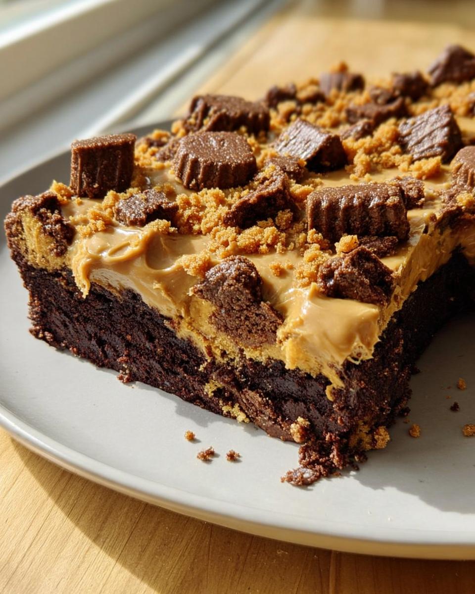 A slice of rich chocolate cake with peanut butter frosting and chocolate candy pieces, perfect for quick cake ideas recipes.