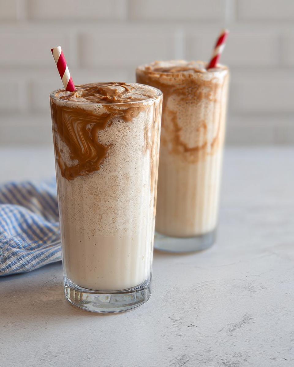 Two tall glasses of peanut butter smoothies, swirled with peanut butter and topped with red and white striped straws. A beginner breakfast idea.