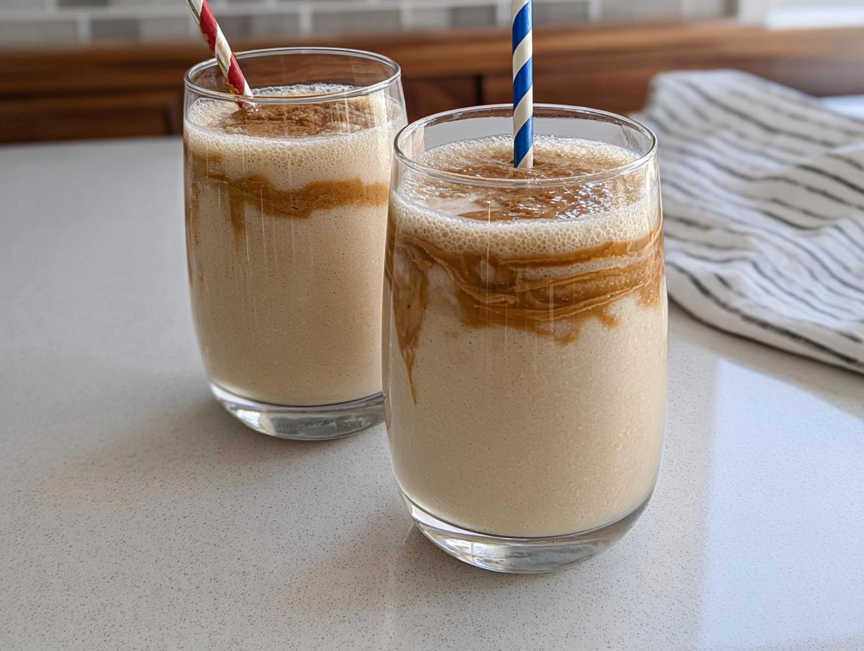 Two glasses of creamy peanut butter smoothie with swirls of peanut butter and colorful straws, part of beginner breakfast ideas.