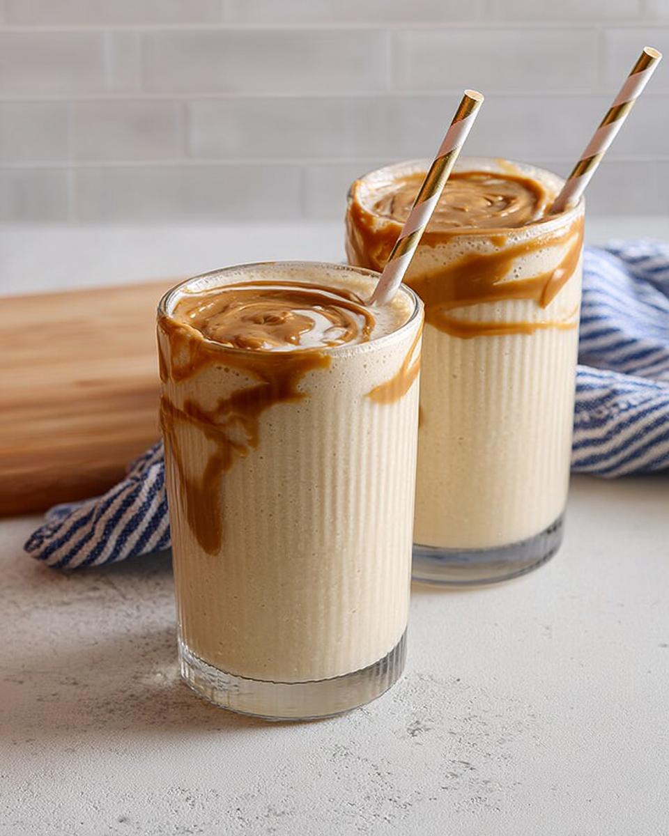 Two glasses of creamy peanut butter smoothies, drizzled with peanut butter, perfect for breakfast ideas.