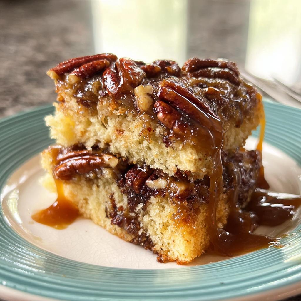 Two slices of moist pecan cake stacked on a plate, drizzled with caramel sauce and topped with whole pecans.