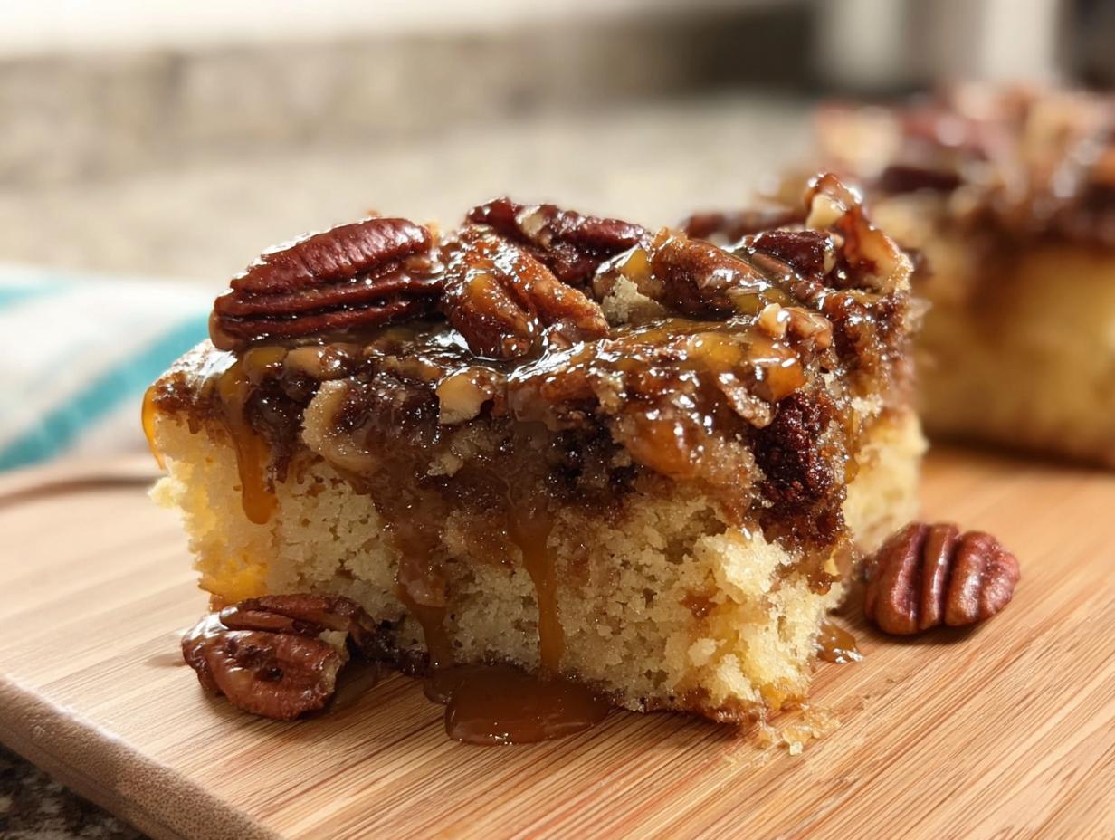 A slice of moist pecan cake topped with caramel glaze and whole pecans, part of 15 Genius Cake Ideas Recipes.