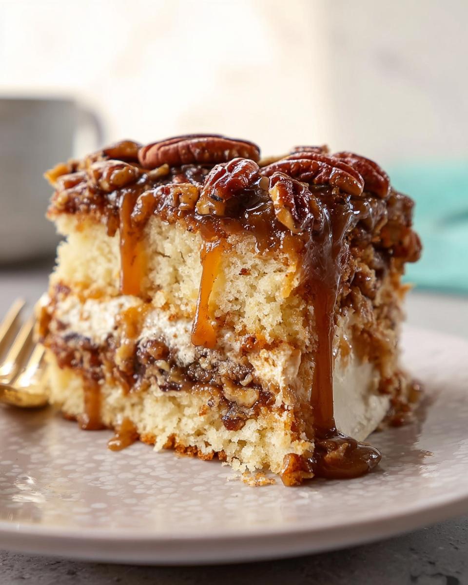 A slice of rich pecan caramel cake, drizzled with caramel sauce and topped with whole pecans.